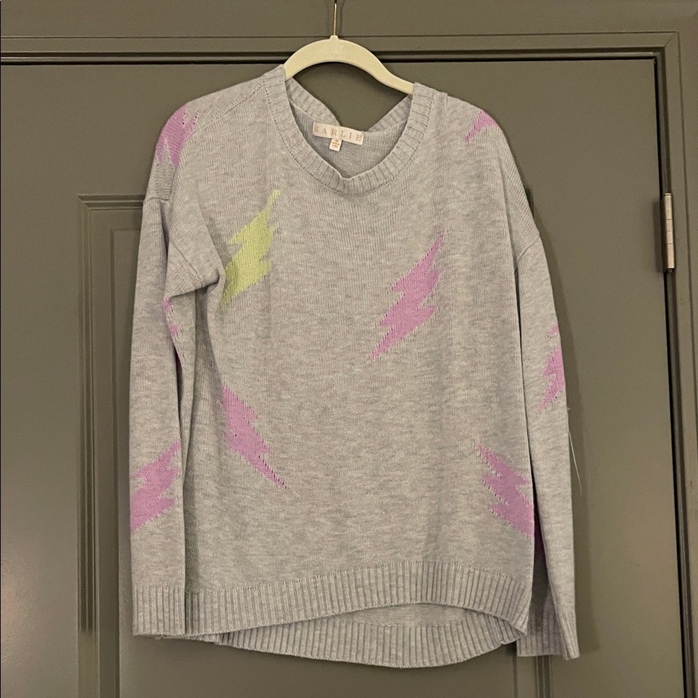 Karlie Light Gray Sweater with Pink and Green Accents